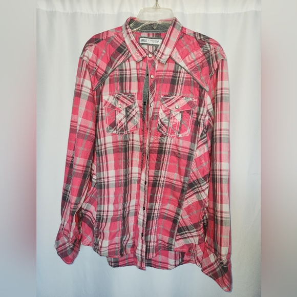 BKE Pink and Gray Plaid Shirt - Picture 1 of 5